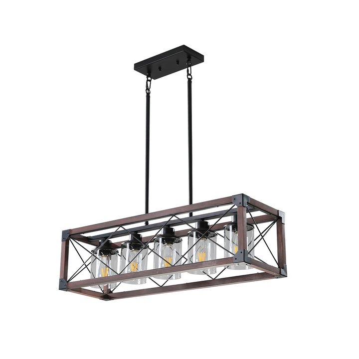 VEYRA 5-Light 31.5-inch Width Modern Farmhouse Rectangular Chandelier, Solid Wood Kitchen Island Light Fixture for Kitchen Island, Dining Room
