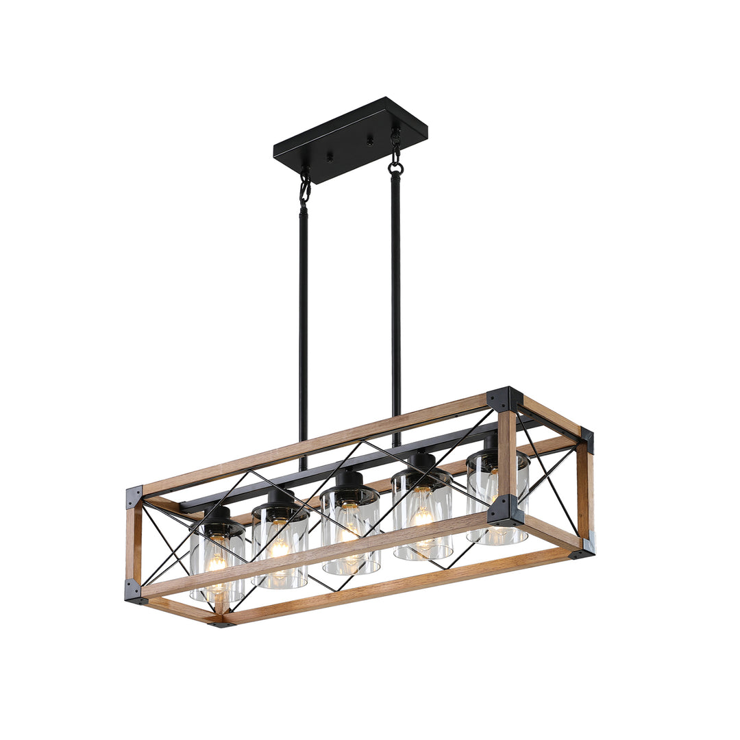 VEYRA 5-Light 31.5-inch Width Modern Farmhouse Rectangular Chandelier, Solid Wood Kitchen Island Light Fixture for Kitchen Island, Dining Room