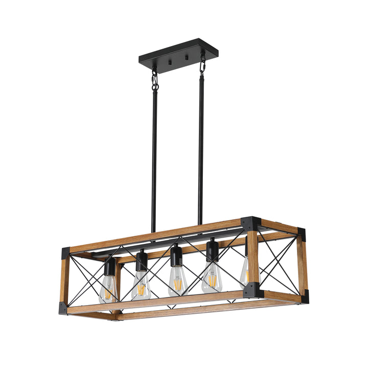 VEYRA 5-Light 31.5-inch Width Modern Farmhouse Rectangular Chandelier, Solid Wood Kitchen Island Light Fixture for Kitchen Island, Dining Room