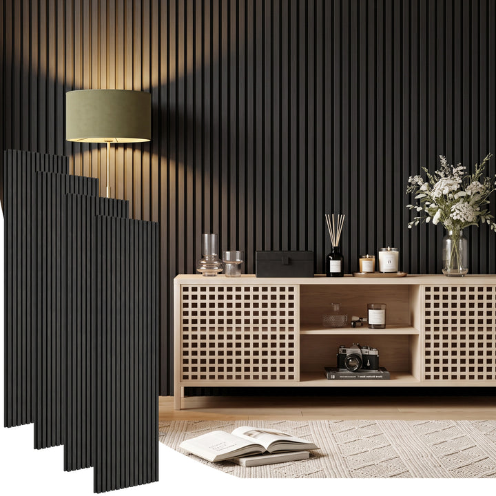 VEYRA Wood Slat Acoustic Wall Panels, Black Walnut, 94.5" x 23.6", 4-Pack