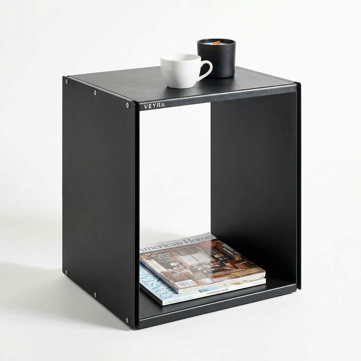VEYRA Minimalist Metal Cube Storage End Table in Matte Black, 18"x16"x20" for Living room, Bedroom