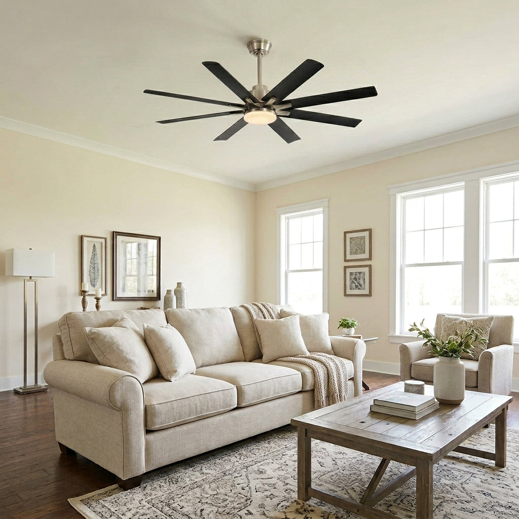 VEYRA 52-inch Modern Ceiling Fan with Light, 8 ABS Blades, DC Motor, 6 Speeds, Downrod Mount for Bedroom, Living Room