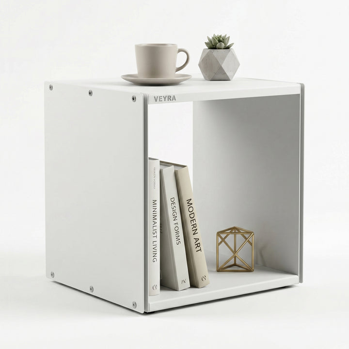 VEYRA Minimalist Metal Cube Storage End Table in Matte White, 18"x16"x20" for Living room, Bedroom