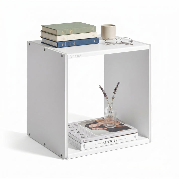 VEYRA Minimalist Metal Cube Storage End Table in Matte White, 18"x16"x20" for Living room, Bedroom