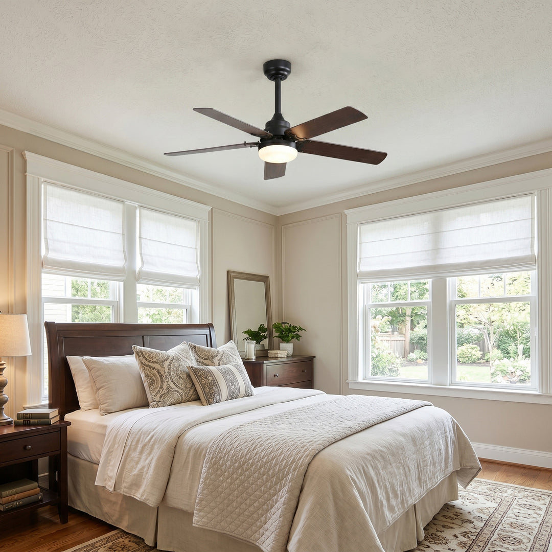 VEYRA 42-inch Modern Ceiling Fan with Light, 5 MDF Blades, DC Motor, 6 Speeds, Downrod Flush Mount for Bedroom, Living Room