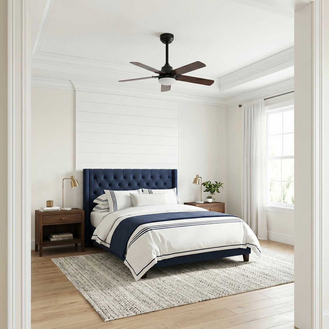 VEYRA 42-inch Modern Ceiling Fan with Light, 5 MDF Blades, DC Motor, 6 Speeds, Downrod Flush Mount for Bedroom, Living Room