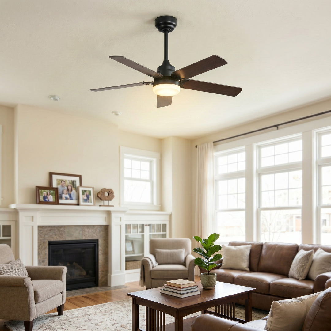 VEYRA 42-inch Modern Ceiling Fan with Light, 5 MDF Blades, DC Motor, 6 Speeds, Downrod Flush Mount for Bedroom, Living Room