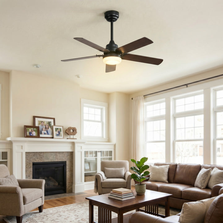 VEYRA 42-inch Modern Ceiling Fan with Light, 5 MDF Blades, DC Motor, 6 Speeds, Downrod Flush Mount for Bedroom, Living Room