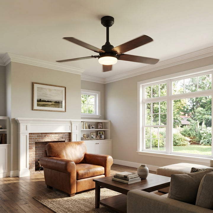 VEYRA 42-inch Modern Ceiling Fan with Light, 5 MDF Blades, DC Motor, 6 Speeds, Downrod Flush Mount for Bedroom, Living Room