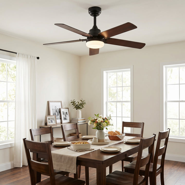 VEYRA 42-inch Modern Ceiling Fan with Light, 5 MDF Blades, DC Motor, 6 Speeds, Downrod Flush Mount for Bedroom, Living Room