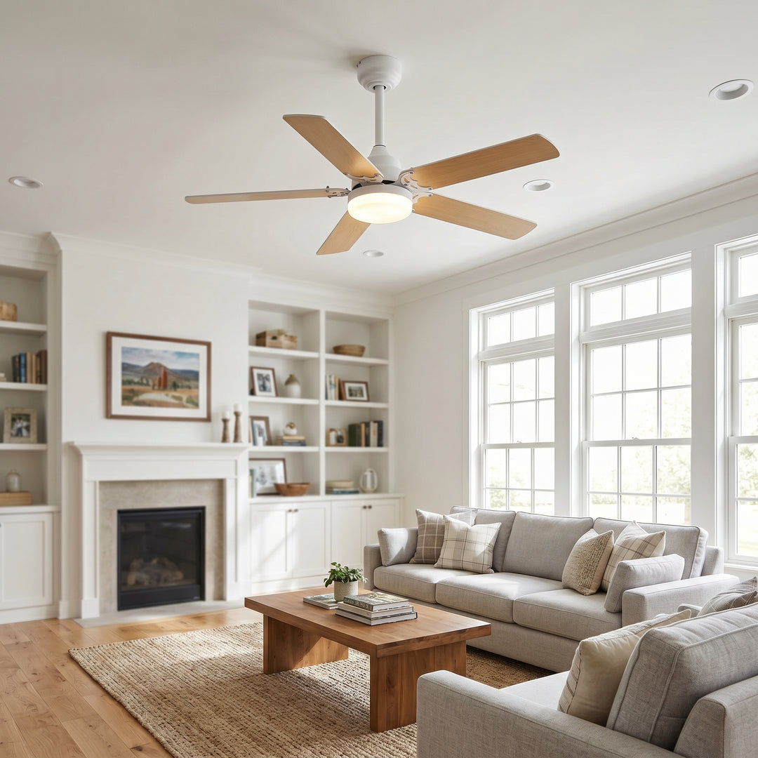 VEYRA 42-inch Modern Ceiling Fan with Light, 5 MDF Blades, DC Motor, 6 Speeds, Downrod Flush Mount for Bedroom, Living Room