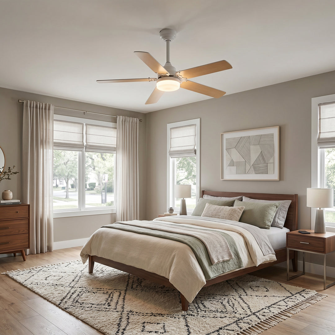 VEYRA 42-inch Modern Ceiling Fan with Light, 5 MDF Blades, DC Motor, 6 Speeds, Downrod Flush Mount for Bedroom, Living Room