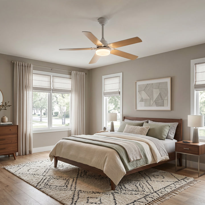 VEYRA 42-inch Modern Ceiling Fan with Light, 5 MDF Blades, DC Motor, 6 Speeds, Downrod Flush Mount for Bedroom, Living Room