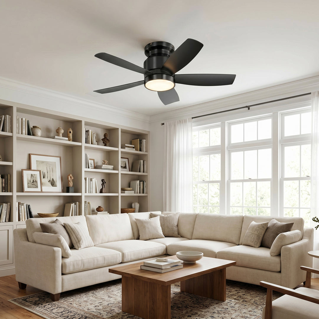 VEYRA 42-inch Modern Black Ceiling Fan with Light, 5 ABS Blades, DC Motor, 6 Speeds, Flush Mount for Bedroom, Living Room