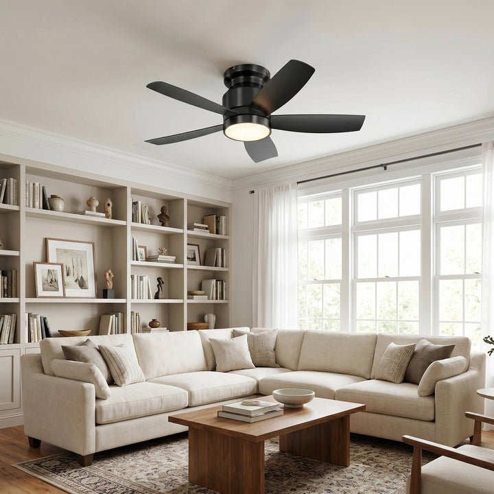 VEYRA 42-inch Modern Black Ceiling Fan with Light, 5 ABS Blades, DC Motor, 6 Speeds, Flush Mount for Bedroom, Living Room