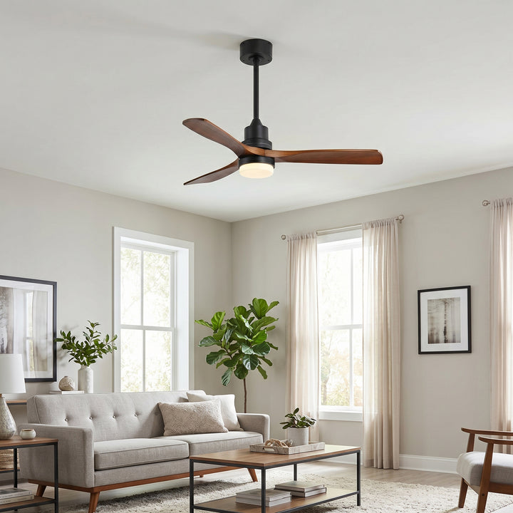 VEYRA 52-inch Modern Ceiling Fan with Light, 3 Solid Wood Blades, DC Motor, 6 Speeds, Downrod Mount for Bedroom, Living Room