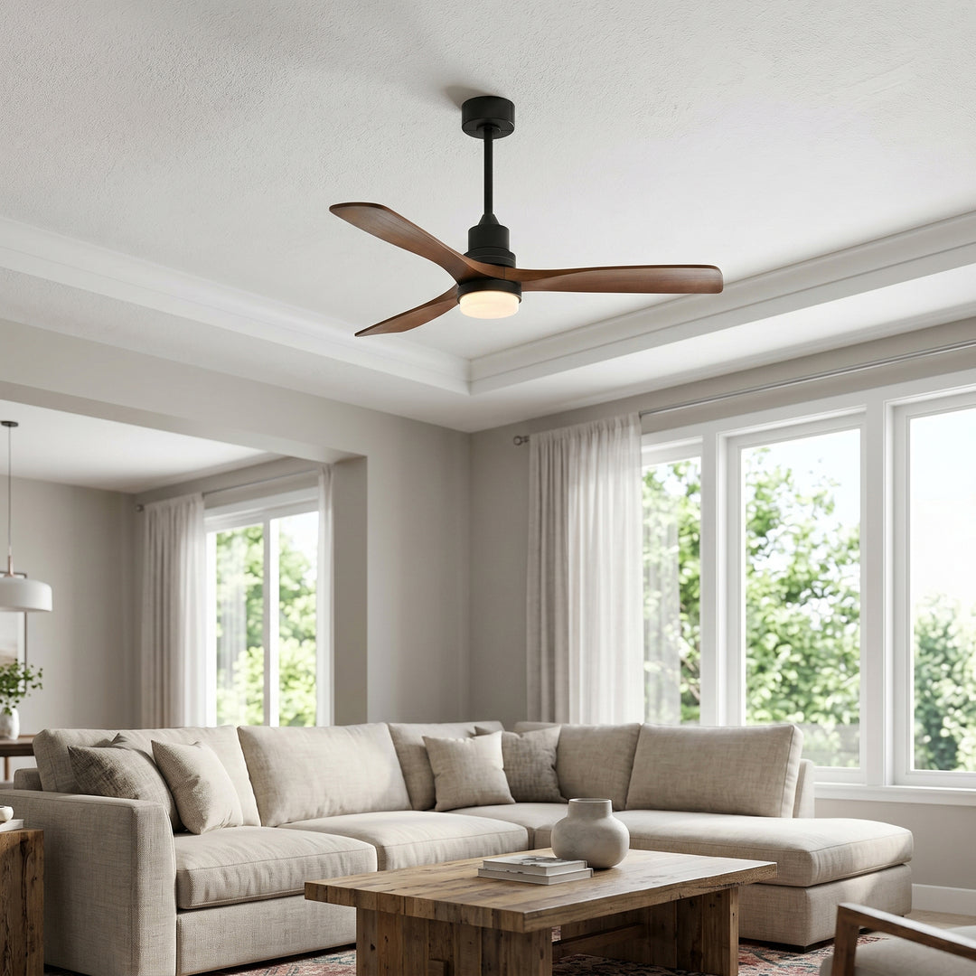 VEYRA 52-inch Modern Ceiling Fan with Light, 3 Solid Wood Blades, DC Motor, 6 Speeds, Downrod Mount for Bedroom, Living Room