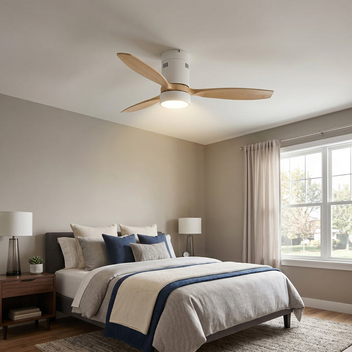 VEYRA 52-inch Modern Ceiling Fan with Light, 3 Solid Wood Blades, DC Motor, 6 Speeds, Flush Mount for Bedroom, Living Room