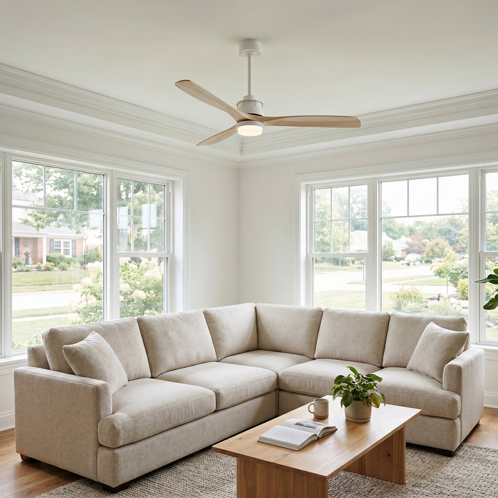 VEYRA 60-inch Modern Ceiling Fan with Light, 3 Solid Wood Blades, DC Motor, 6 Speeds, Downrod Mount for Bedroom, Living Room