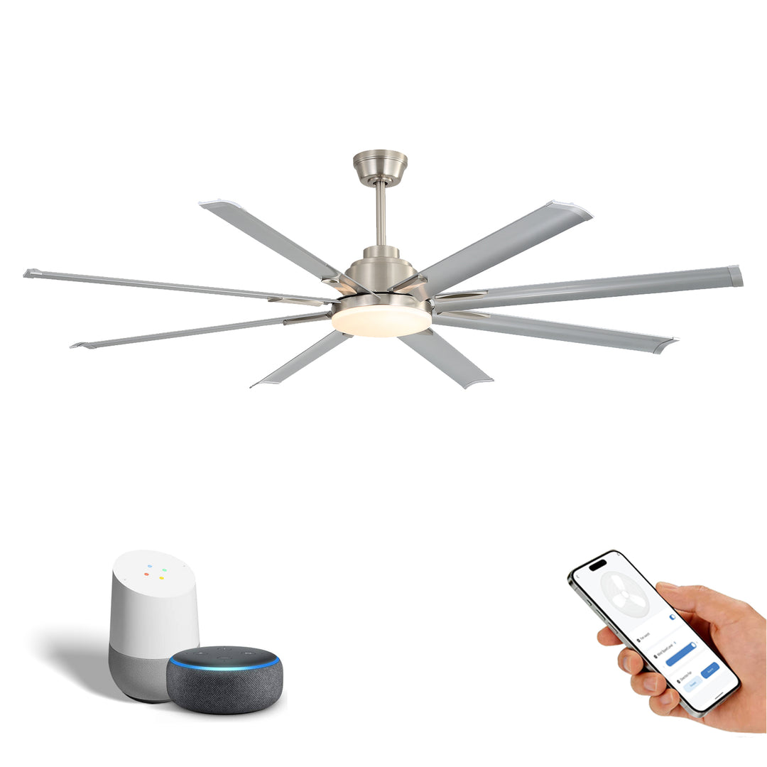 VEYRA 72-inch Modern Ceiling Fan with Light, Remote Control Smart Fan, 8 Aluminum Blades, DC Motor, 6 Speeds, Downrod Mount for Bedroom, Living Room