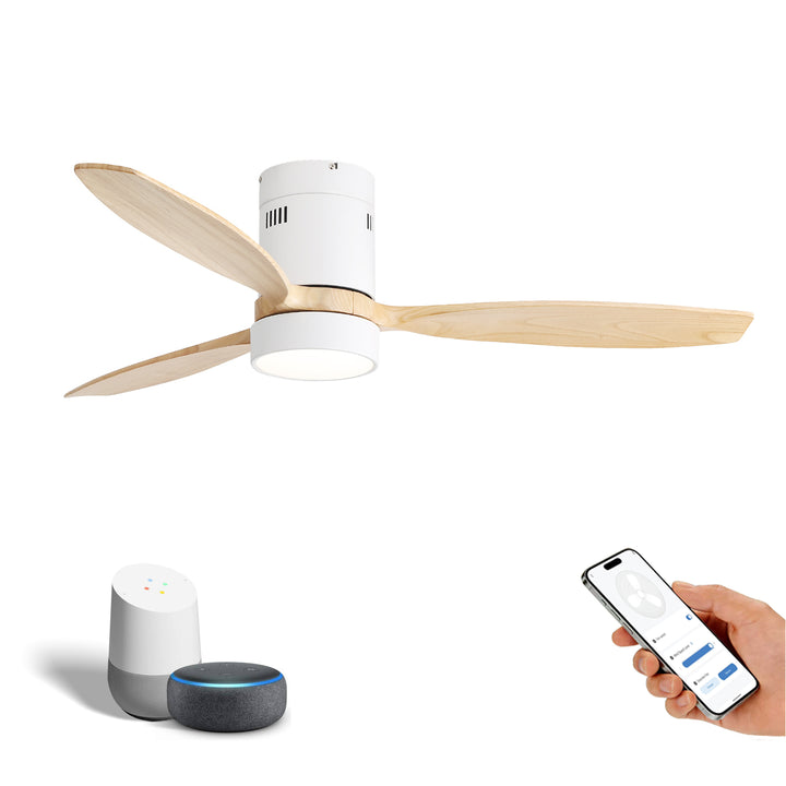 VEYRA 52-inch Modern Ceiling Fan with Light, 3 Solid Wood Blades, DC Motor, 6 Speeds, Flush Mount for Bedroom, Living Room