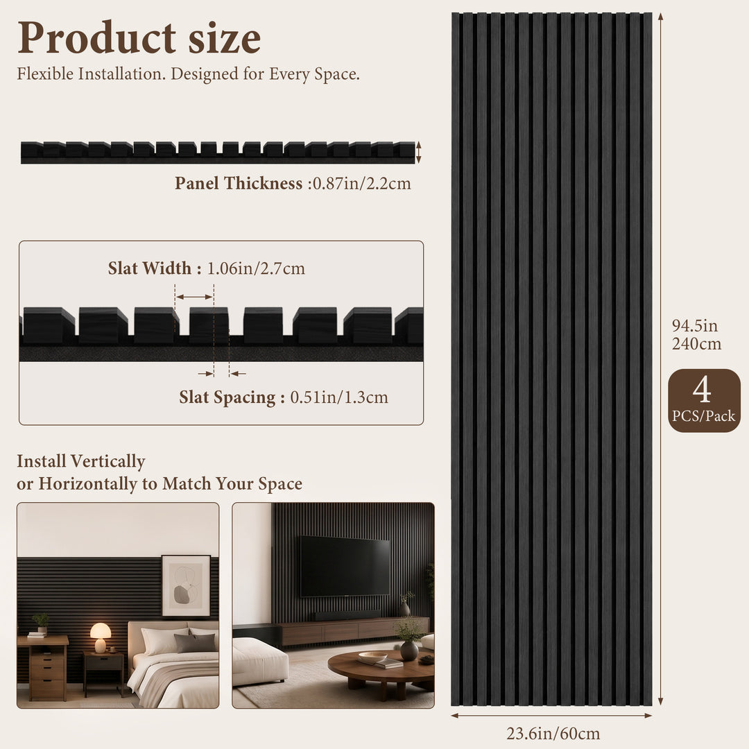 VEYRA Wood Slat Acoustic Wall Panels, Black Walnut, 94.5" x 23.6", 4-Pack