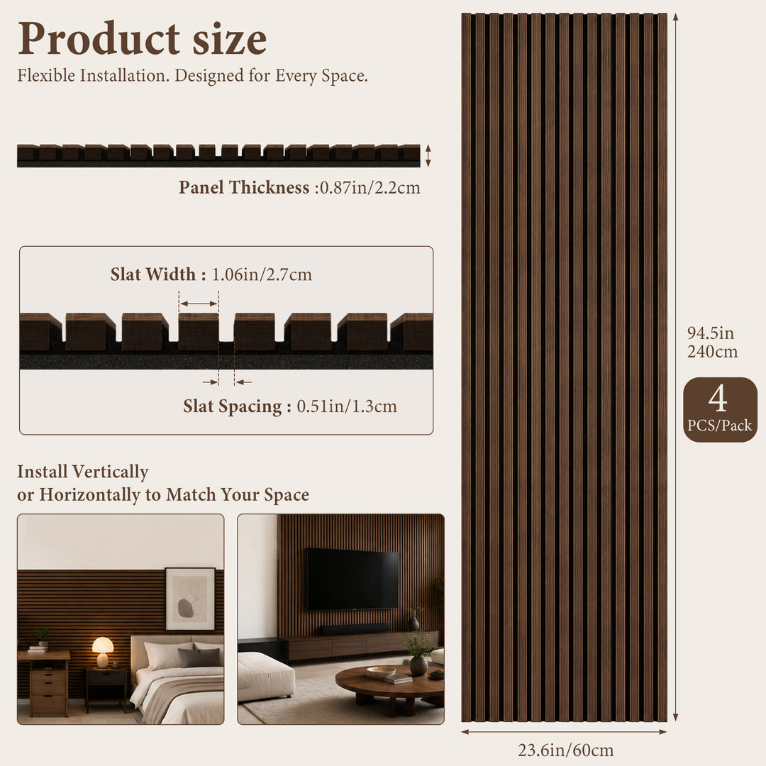 VEYRA Wood Slat Acoustic Wall Panels, Black Walnut, 94.5" x 23.6", 4-Pack