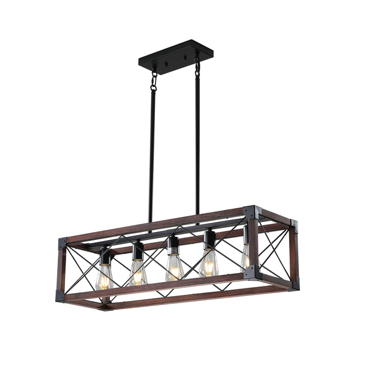 VEYRA 5-Light 31.5-inch Width Modern Farmhouse Rectangular Chandelier, Solid Wood Kitchen Island Light Fixture for Kitchen Island, Dining Room