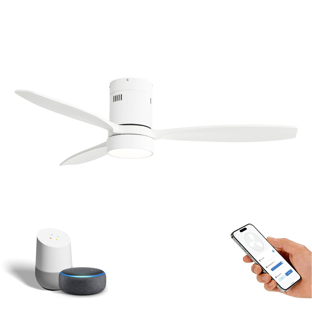 VEYRA 52-inch Modern Ceiling Fan with Light, 3 Solid Wood Blades, DC Motor, 6 Speeds, Flush Mount for Bedroom, Living Room