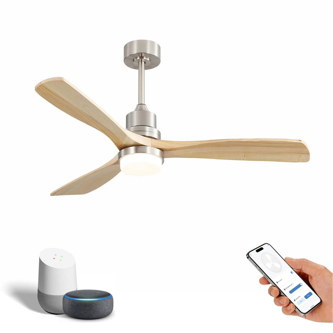 VEYRA 52-inch Modern Ceiling Fan with Light, 3 Solid Wood Blades, DC Motor, 6 Speeds, Downrod Mount for Bedroom, Living Room