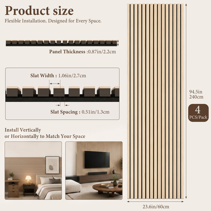 VEYRA Wood Slat Acoustic Wall Panels, Black Walnut, 94.5" x 23.6", 4-Pack