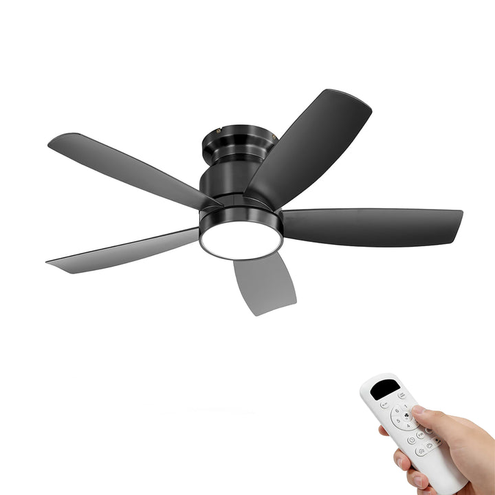 VEYRA 42-inch Modern Black Ceiling Fan with Light, 5 ABS Blades, DC Motor, 6 Speeds, Flush Mount for Bedroom, Living Room
