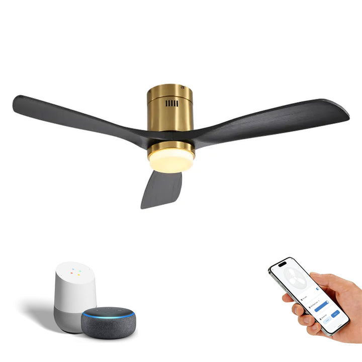 VEYRA 52-inch Modern Ceiling Fan with Light, 3 Solid Wood Blades, DC Motor, 6 Speeds, Flush Mount for Bedroom, Living Room