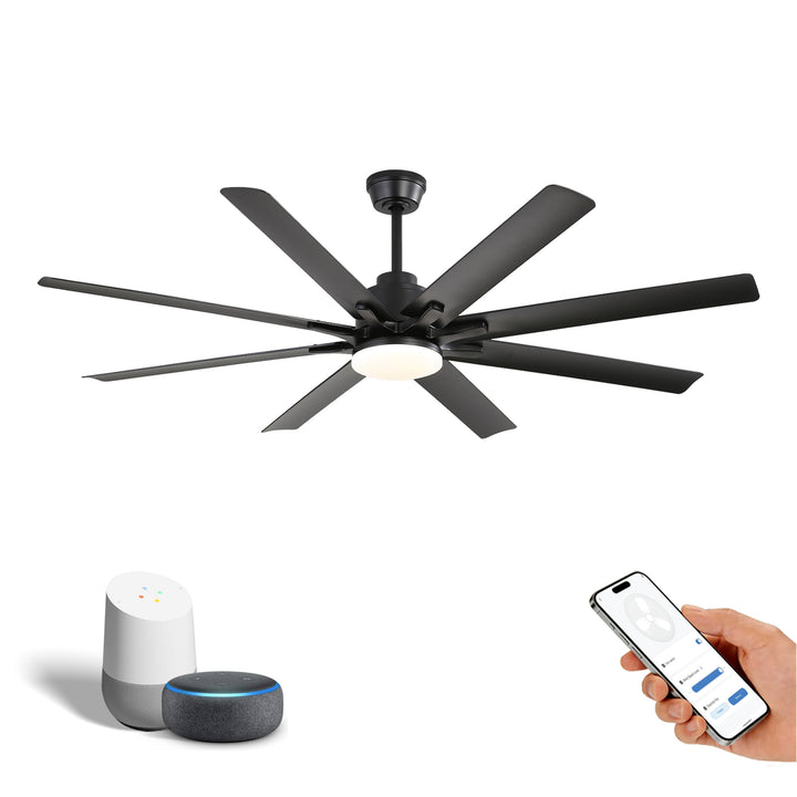 VEYRA 52-inch Modern Ceiling Fan with Light, 8 ABS Blades, DC Motor, 6 Speeds, Downrod Mount for Bedroom, Living Room