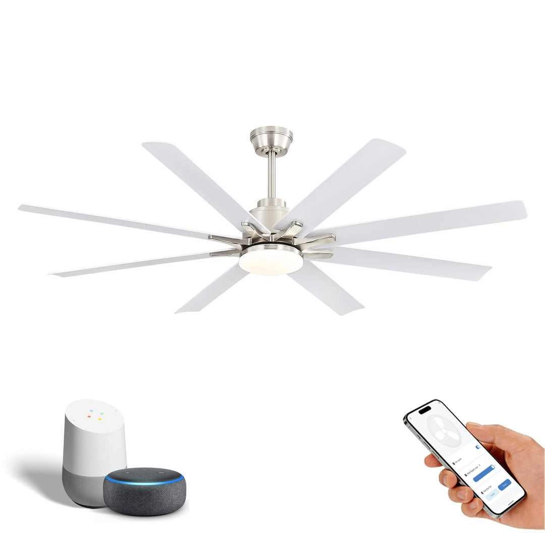 VEYRA 66-inch Modern Ceiling Fan with Light, Remote Control Smart Fan, 8 ABS Blades, DC Motor, 6 Speeds, Downrod Mount for Bedroom, Living Room