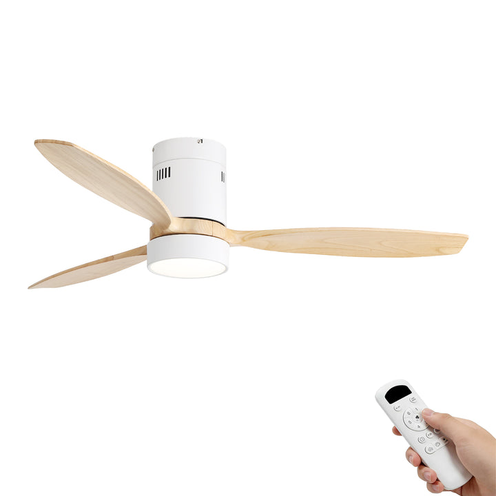 VEYRA 52-inch Modern Ceiling Fan with Light, 3 Solid Wood Blades, DC Motor, 6 Speeds, Flush Mount for Bedroom, Living Room