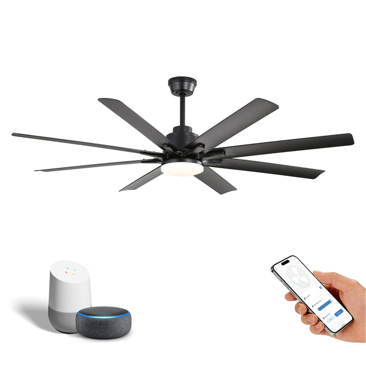 VEYRA 66-inch Modern Ceiling Fan with Light, Remote Control Smart Fan, 8 ABS Blades, DC Motor, 6 Speeds, Downrod Mount for Bedroom, Living Room