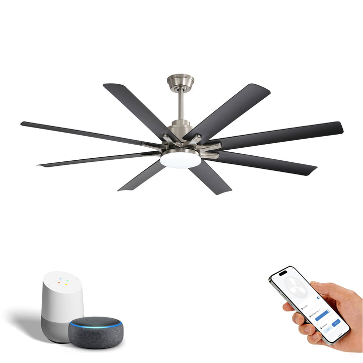VEYRA 66-inch Modern Ceiling Fan with Light, Remote Control Smart Fan, 8 ABS Blades, DC Motor, 6 Speeds, Downrod Mount for Bedroom, Living Room