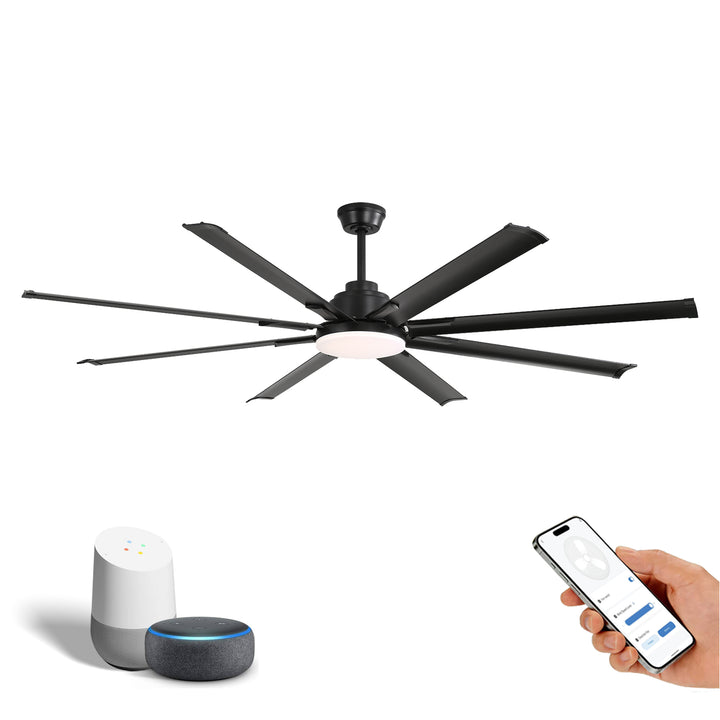 VEYRA 72-inch Modern Ceiling Fan with Light, Remote Control Smart Fan, 8 Aluminum Blades, DC Motor, 6 Speeds, Downrod Mount for Bedroom, Living Room