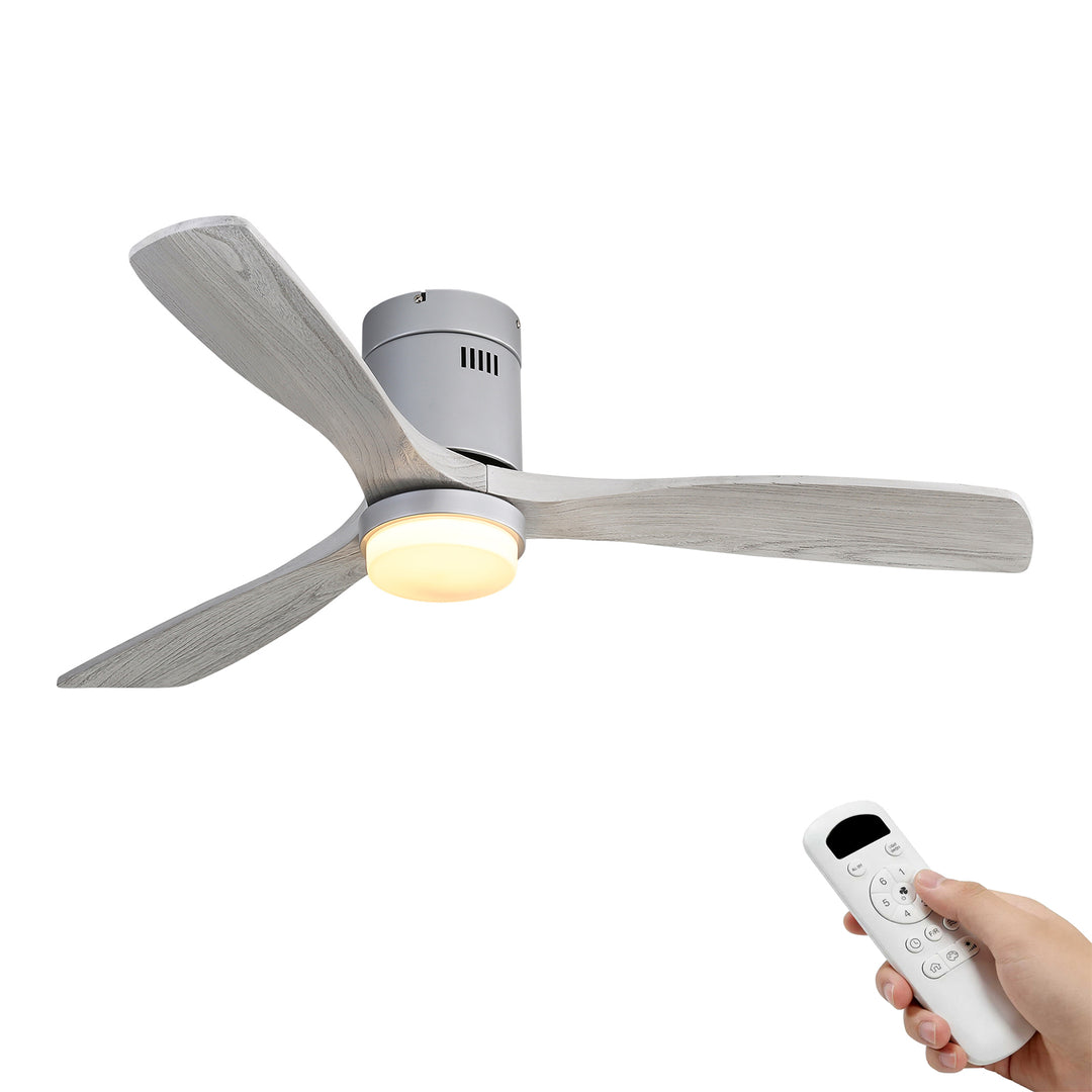 VEYRA 52-inch Modern Ceiling Fan with Light, 3 Solid Wood Blades, DC Motor, 6 Speeds, Flush Mount for Bedroom, Living Room