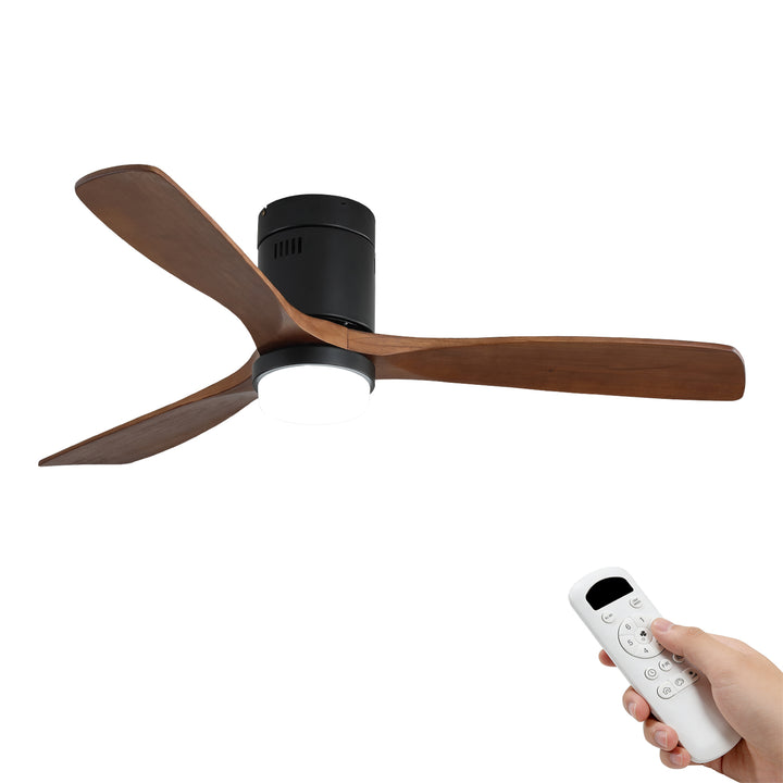 VEYRA 52-inch Modern Ceiling Fan with Light, 3 Solid Wood Blades, DC Motor, 6 Speeds, Flush Mount for Bedroom, Living Room