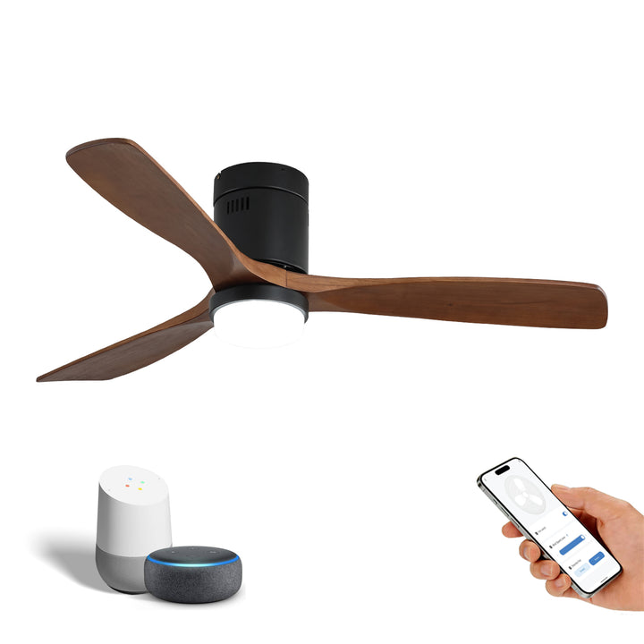 VEYRA 52-inch Modern Ceiling Fan with Light, 3 Solid Wood Blades, DC Motor, 6 Speeds, Flush Mount for Bedroom, Living Room