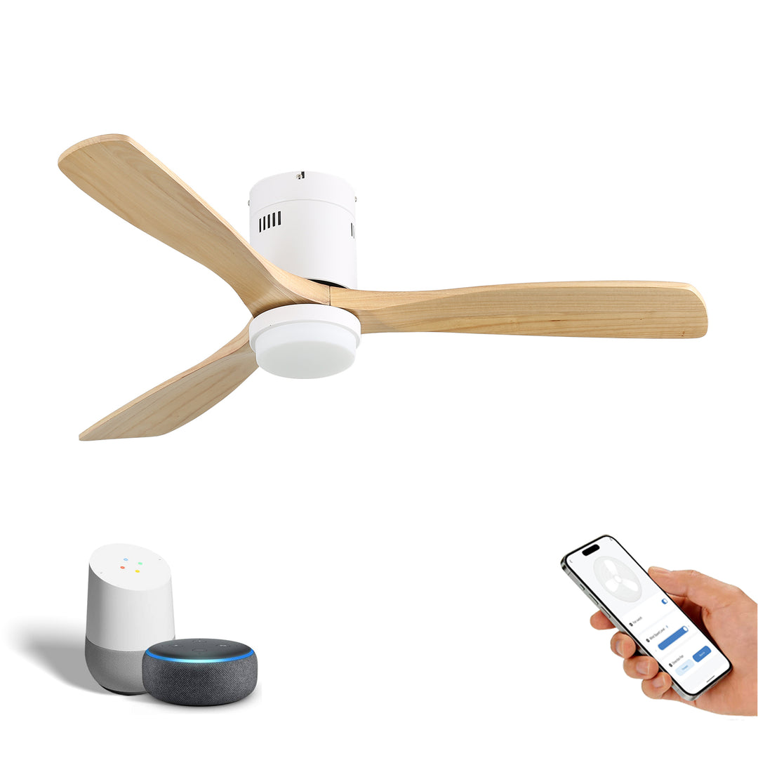 VEYRA 52-inch Modern Ceiling Fan with Light, 3 Solid Wood Blades, DC Motor, 6 Speeds, Flush Mount for Bedroom, Living Room