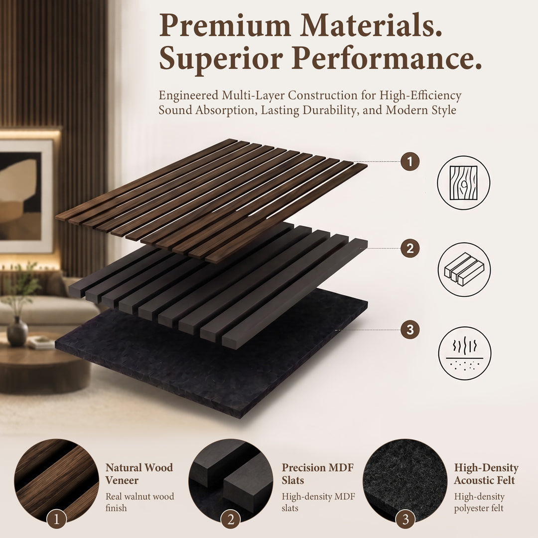 VEYRA Wood Slat Acoustic Wall Panels, Black Walnut, 94.5" x 23.6", 4-Pack