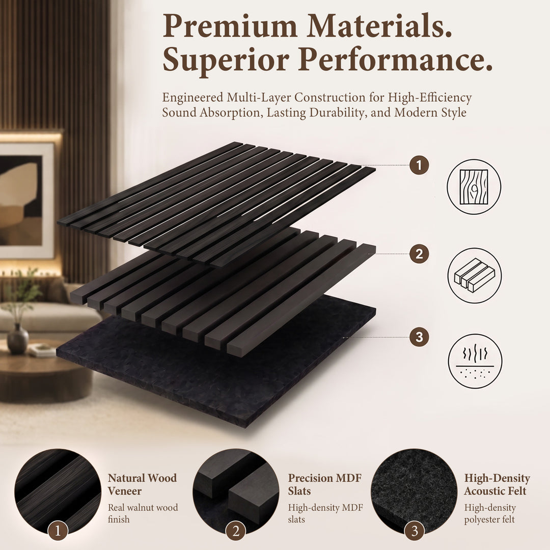 VEYRA Wood Slat Acoustic Wall Panels, Black Walnut, 94.5" x 23.6", 4-Pack