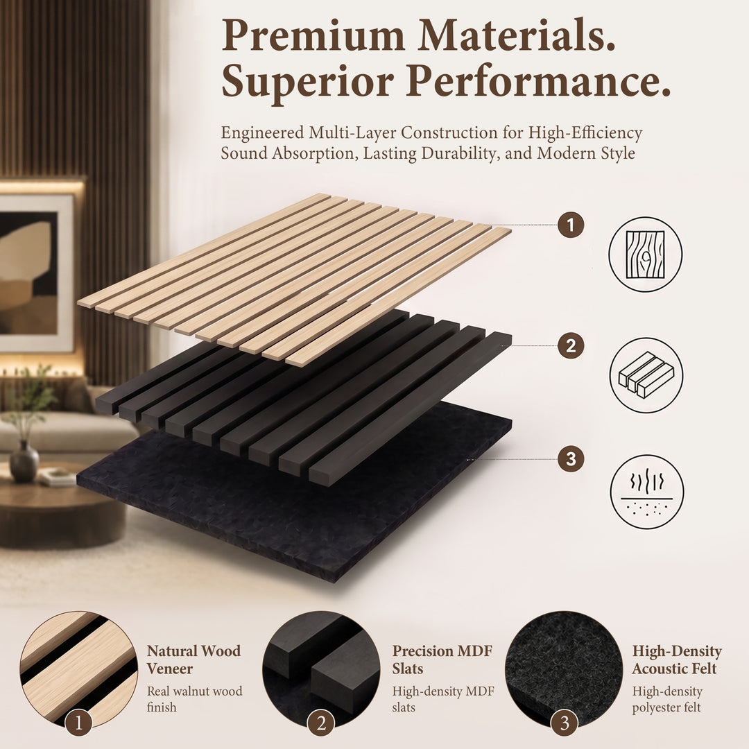 VEYRA Wood Slat Acoustic Wall Panels, Black Walnut, 94.5" x 23.6", 4-Pack