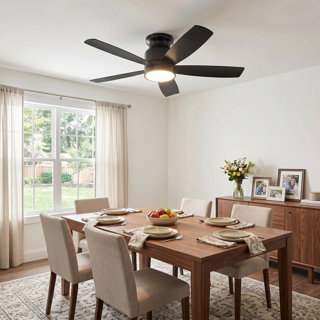 VEYRA 42-inch Modern Black Ceiling Fan with Light, 5 ABS Blades, DC Motor, 6 Speeds, Flush Mount for Bedroom, Living Room