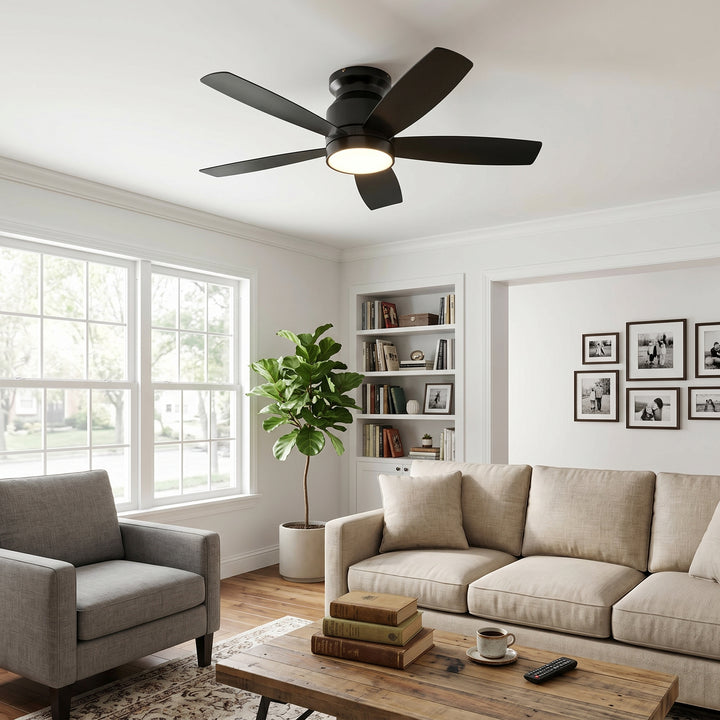 VEYRA 42-inch Modern Black Ceiling Fan with Light, 5 ABS Blades, DC Motor, 6 Speeds, Flush Mount for Bedroom, Living Room