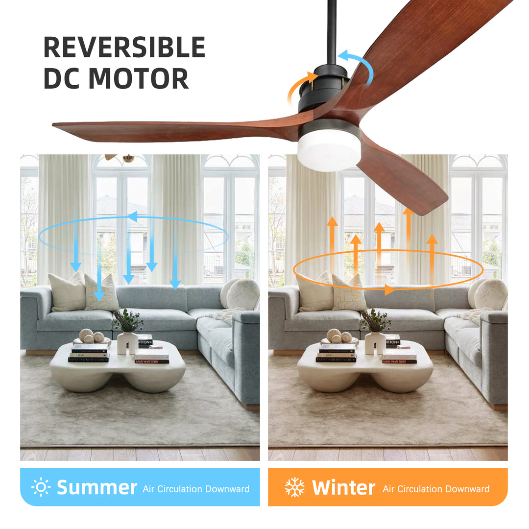 VEYRA 60-inch Modern Ceiling Fan with Light, 3 Solid Wood Blades, DC Motor, 6 Speeds, Downrod Mount for Bedroom, Living Room