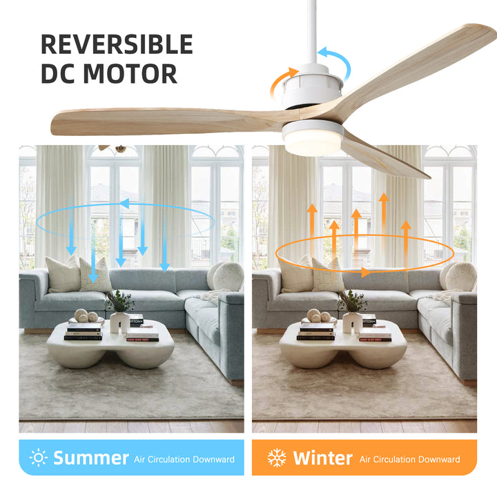 VEYRA 60-inch Modern Ceiling Fan with Light, 3 Solid Wood Blades, DC Motor, 6 Speeds, Downrod Mount for Bedroom, Living Room